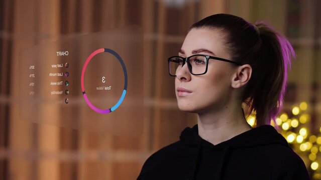 Smart Glasses Technology. Person Uses Virtual Reality (VR) Charts with Smart Glasses. Young Beautiful Woman and Hi-tech. Concept of Augmented Reality (AR) Technology being used in Smart Tech Glasses