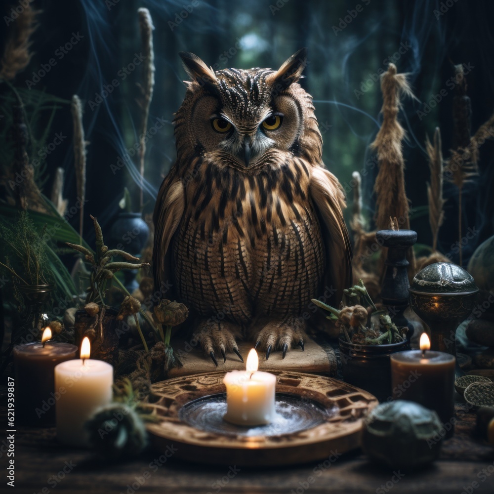 Poster an owl is sitting on a table with candles. generative ai image.