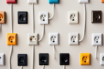 Many Plastic sockets on gray wall background. Creative wallpaper for electrical company, master electrician. Generative AI.