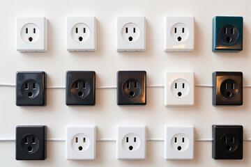 Many Plastic sockets on white wall background. Creative wallpaper for electrical company, master electrician. Generative AI.
