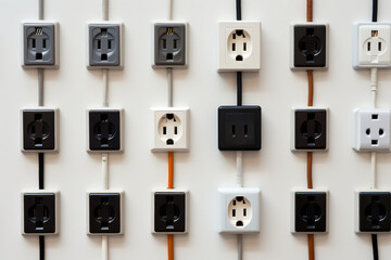 Many Plastic sockets on white wall background. Creative wallpaper for electrical company, master electrician. Generative AI.