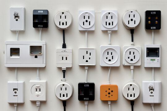 Many Plastic sockets on gray wall background. Creative wallpaper for electrical company, master electrician. Generative AI.