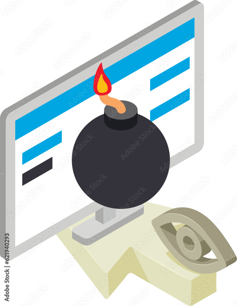 Poster cyber attack icon isometric vector. bomb on computer monitor and arrow cursor. internet threat, cybe