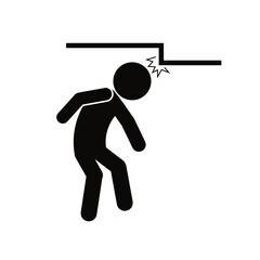 Isolated illustration of man walking with head hit low ceiling for safety sign mind your head, low up ceiling caution, head lowering instruction, drop hazard © AndiPoe