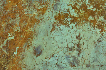 Grey, Abstract background of the shabby concrete wall surface with bright red yellow paint and mossy weathered parts