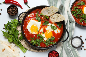 Pans with shakshuka, towel, spices, chili peppers and pita on a white background, close up