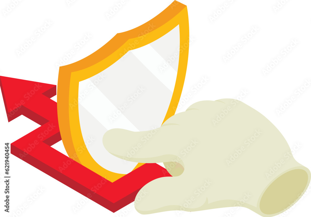 Poster hacking concept icon isometric vector. arrow bypassing shield and cursor hand. internet security, di