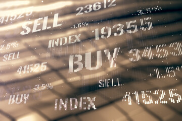 Double exposure of virtual creative financial diagram on shiny metal background, banking and...