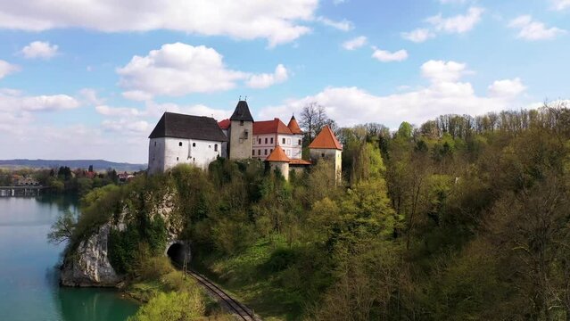 Aerial view of Ozalj castle along the Kupa river in Ozalj old town, Croatia.