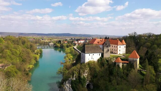 Aerial view of Ozalj castle along the Kupa river in Ozalj old town, Croatia.