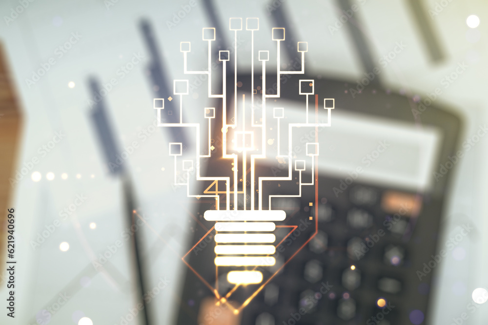 Poster Double exposure of virtual creative light bulb hologram with chip on blurry calculator background, idea and brainstorming concept