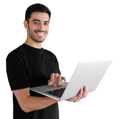 Portrait of young man in black t-shirt holding laptop and watching media with happy smile, sharing...