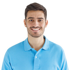 Close-up portrait of young smiling handsome man in blue polo shirt - 621940862
