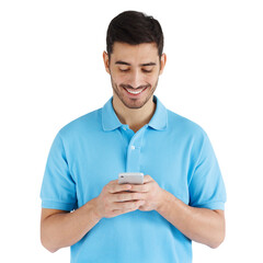 Young man standing looking at screen of his phone with smile, chatting with friend, wearing blue...