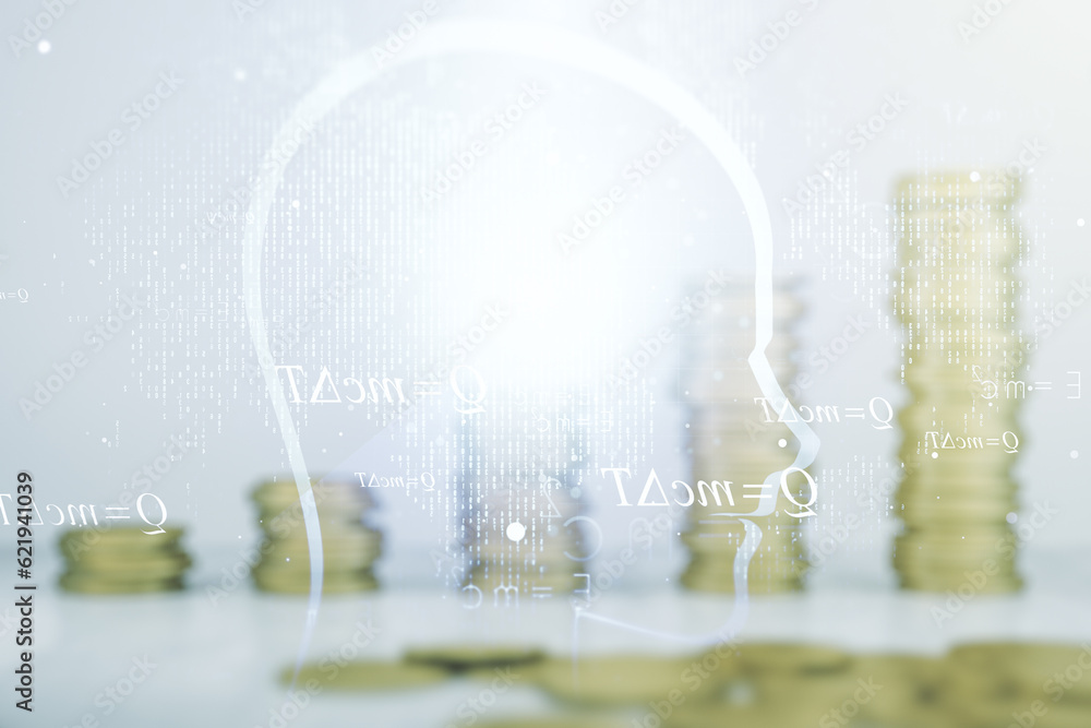 Poster abstract virtual artificial intelligence interface with human head hologram on stacks of coins backg