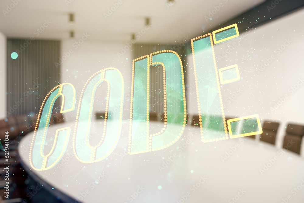 Leinwandbilder code word hologram on a modern meeting room background, artificial intelligence and neural networks 