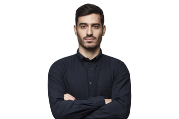 Portrait of confident businessman wearing deep blue t-shirt