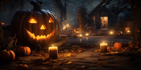 Obraz premium Smiling pumpkin at night background. Halloween concept. Generative ai.