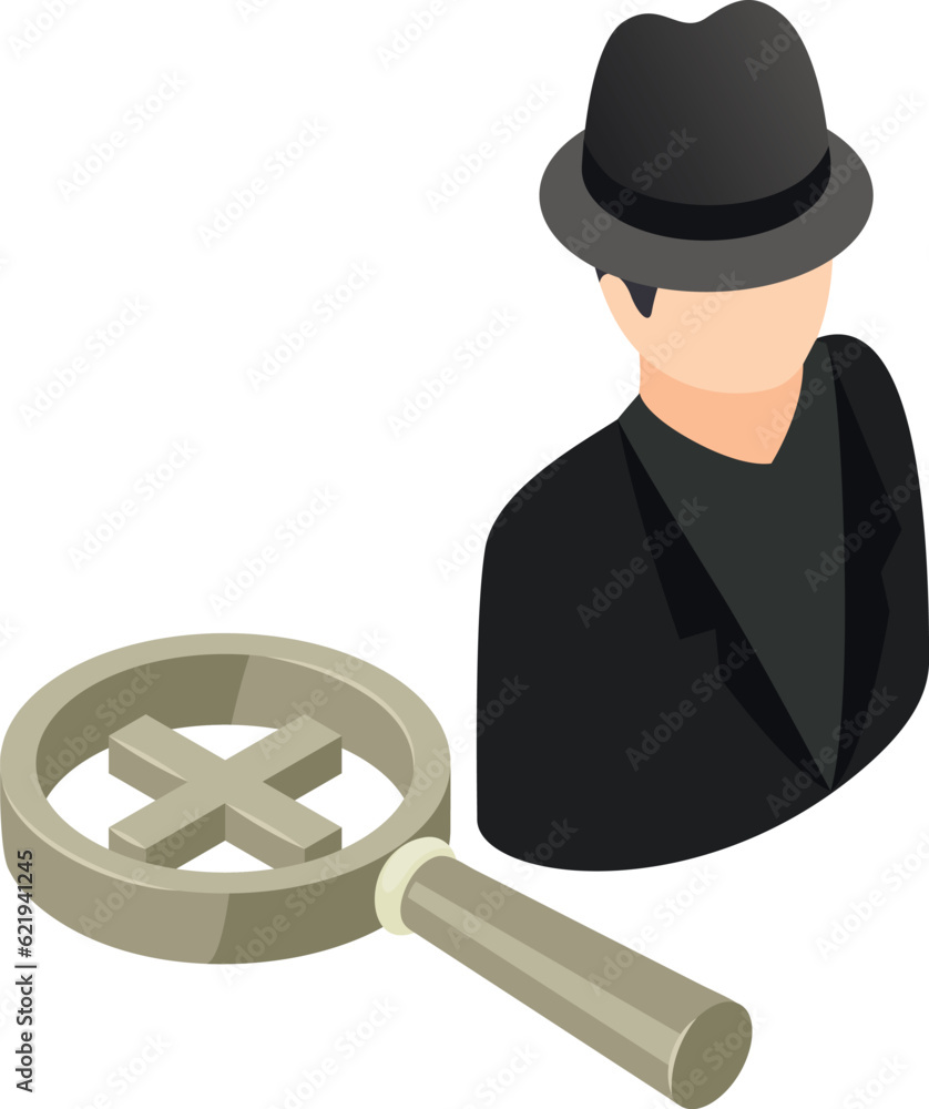 Poster hacking attack icon isometric vector. faceless hacker and loupe with plus sign. fraud, cyber crime, 