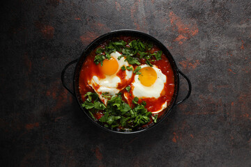 Shakshuka in frying pan on dark background, top view