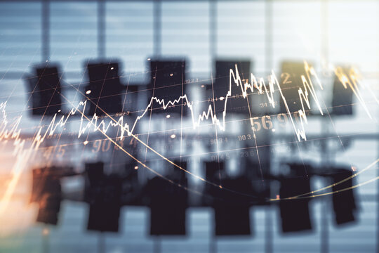 Abstract virtual financial graph hologram on a modern furnished classroom background, financial and trading concept. Multiexposure - Powered by Adobe