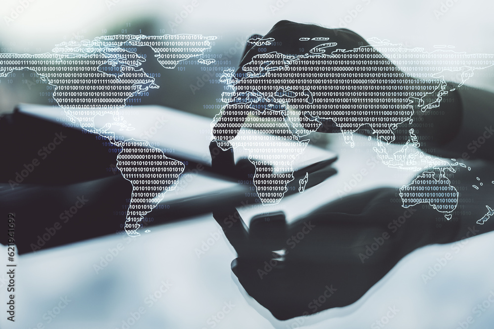 Aufkleber multi exposure of abstract graphic world map and hand working with a digital tablet on background, c