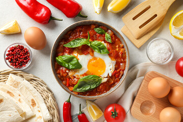 Shakshuka in bowl, spices, tomatoes, eggs and kitchenware on white background, top view