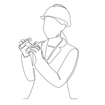 Vector Line Drawing Of One Young Business Woman Holding Binoculars