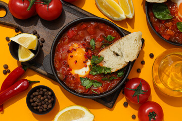 Pans with shakshuka on the board, slices of bread, tomatoes, spices on yellow background, top view