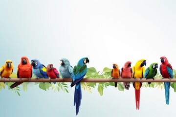 Bright parrots on a white background, minimalistic, copy space, banner. AI generated