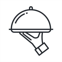 Serving food icon. Sign hand of waiter with serving tray. Waiter serving. Isolated symbol on white background. Vector illustration