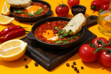Pans with shakshuka on the board, slices of bread, tomatoes, spices on yellow background, close up