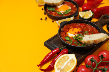 Pans with shakshuka on the board, slices of bread, tomatoes, spices on yellow background, space for text