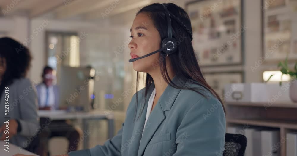 Aufkleber call center, consulting and advice with woman in office for communication, business and customer ser