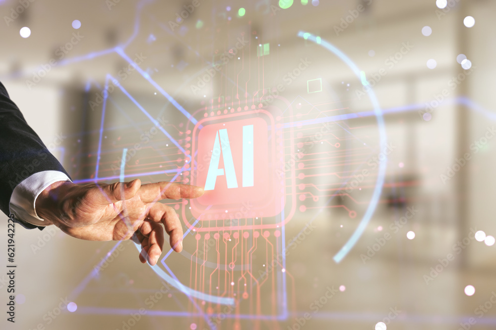 Aufkleber double exposure of businessman hand working with creative artificial intelligence abbreviation holog