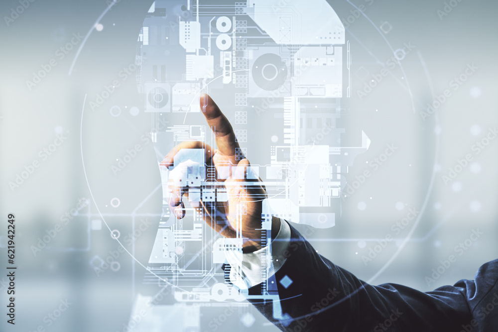 Aufkleber double exposure of man hand working with creative human head microcircuit hologram on blurred office