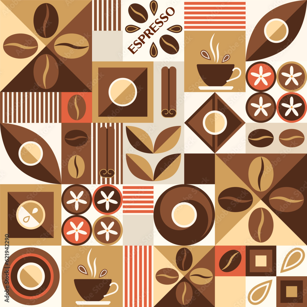 Poster coffee theme background with design elements in geometric style. seamless pattern with icons, abstra
