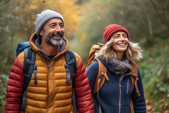 Photorealistic image of a middle aged couple of hikers walk through the forest in rainy weather. Escape to the forest and nature from the hustle and bustle of the big city.