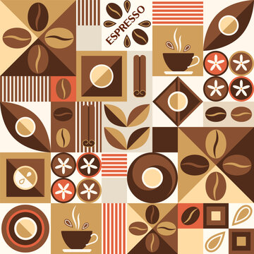 Coffee theme background with design elements in geometric style. Seamless pattern with icons, abstract shapes. Good for branding, decoration of food package, cover design, decorative print, background