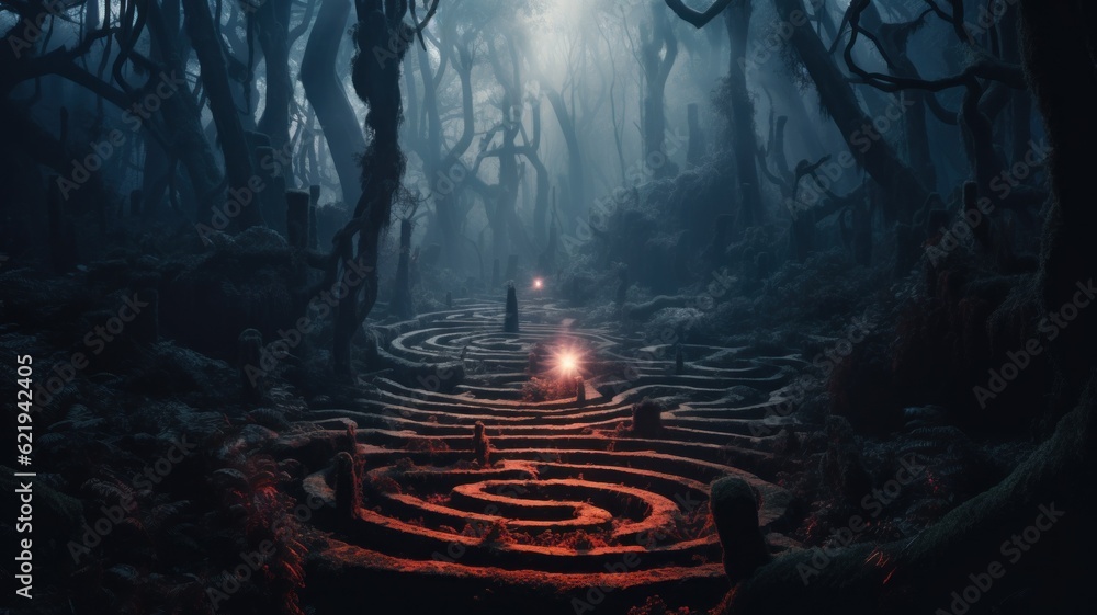 Poster a person standing in a maze in the middle of a forest. generative ai image.