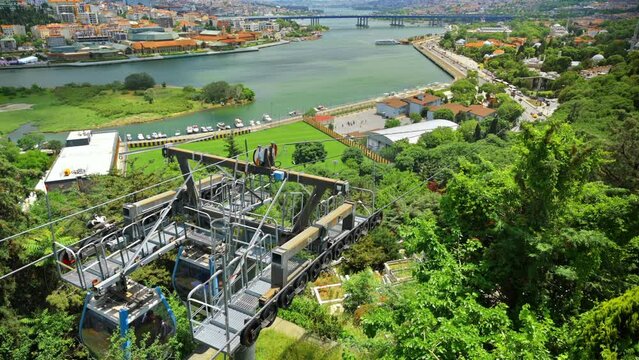 Cityscape of Istanbul Turkey. Pierre Loti with moving cable car, multiple buildings and greenery, Golden Horn waterway, downtown on the background