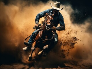 Fototapeta na wymiar A man in a cowboy hat riding a horse. Generative AI image.