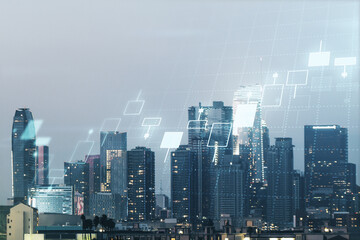 Abstract virtual financial graph hologram on Los Angeles cityscape background, financial and...