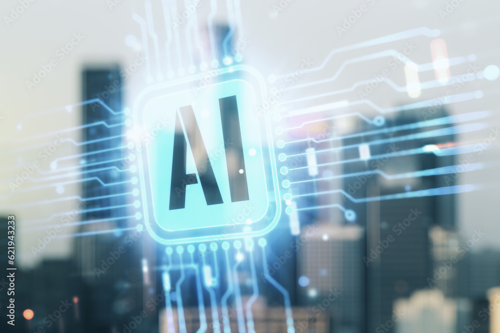 Poster double exposure of creative artificial intelligence icon on blurry cityscape background. neural netw