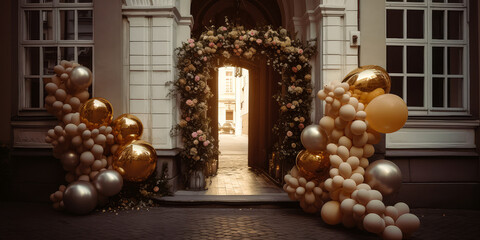 Arch of golden balloons and flowers decoration on the city street. Luxury. Grand Opening, solemn event concept. Holidays event, wedding ceremony,birthday celebration, anniversary, party.Generative ai