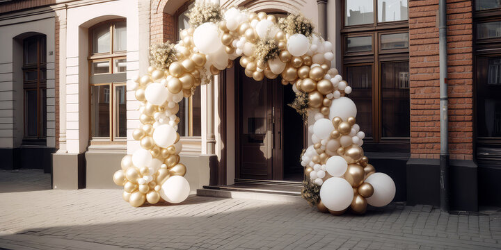 Arch of balloons with flowers.Decorated entrance door Exterior facade of building with front door.Grand Opening,solemn event.Holidays event, wedding ceremony,celebration,anniversary.Generative ai - Powered by Adobe