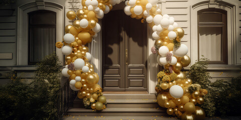 Arch of balloons with flowers.Decorated entrance door Exterior facade of building with front door.Grand Opening,solemn event.Holidays event, wedding ceremony,celebration,anniversary.Generative ai