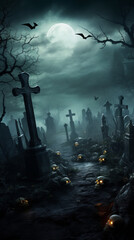 Scary Halloween graveyard background. Generative AI