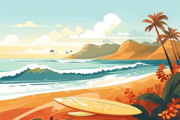 Fototapeta na wymiar Beach Illustration for International Surfing Day. Generative AI