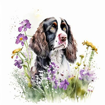 english springer spaniel dog wild flowers water color